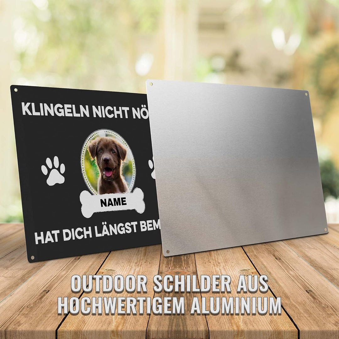 Hunde Schild personalisiert - Klingeln nicht nötig - Metallschild mit Foto und Name für aussen, wett