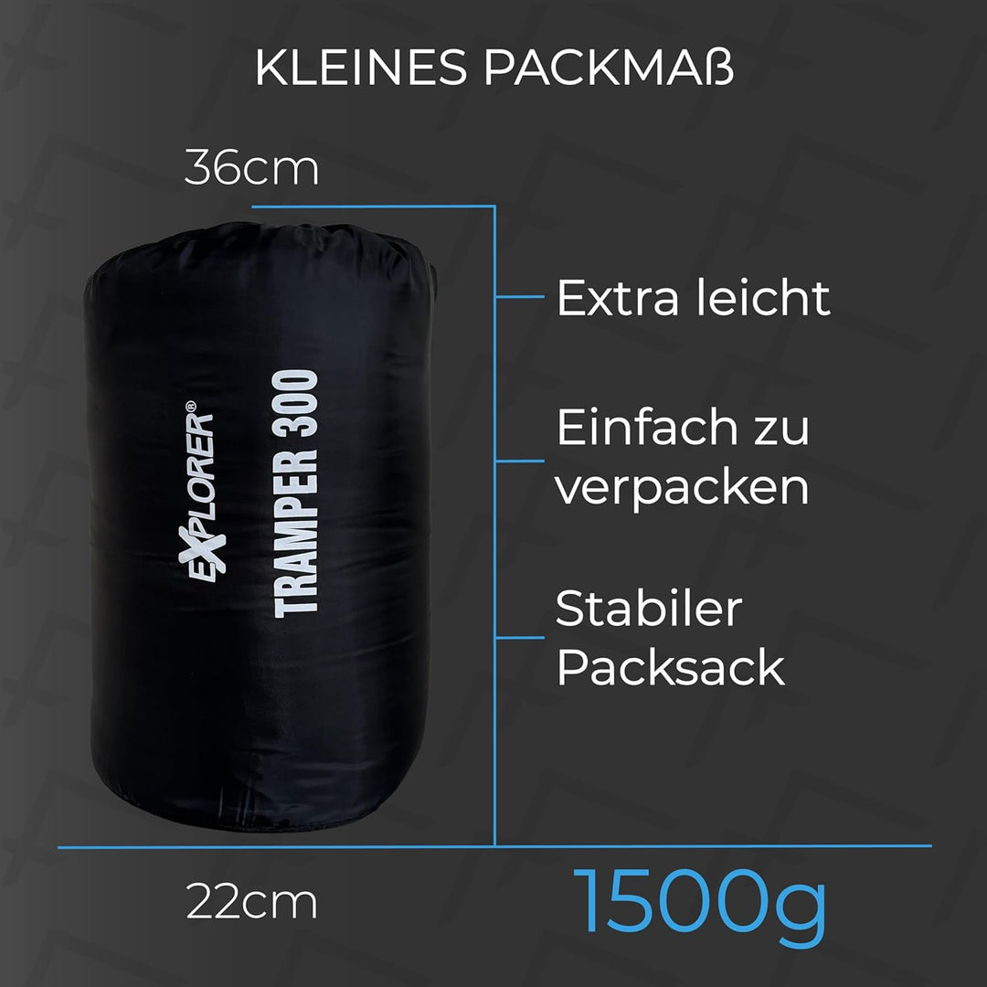 EXPLORER® Tramper 300 Schlafsack -16°C +13°C [300g/m²] 3 Jahreszeiten Leichter Mumienschlafsack für