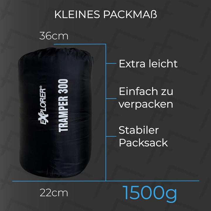 EXPLORER® Tramper 300 Schlafsack -16°C +13°C [300g/m²] 3 Jahreszeiten Leichter Mumienschlafsack für