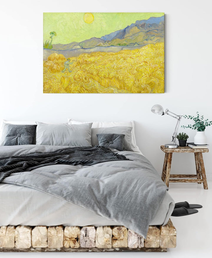 Vincent Van Gogh - Weizenfeld mit Mäher als Leinwandbild / Grösse: 100x70 cm / Wandbild / Kunstdruck