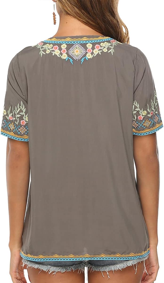 Seasonal Tunika Damen Sommer Boho Folklore Bluse mit Stickerei Oberteil Hippie Trachten Kurzarm Klei