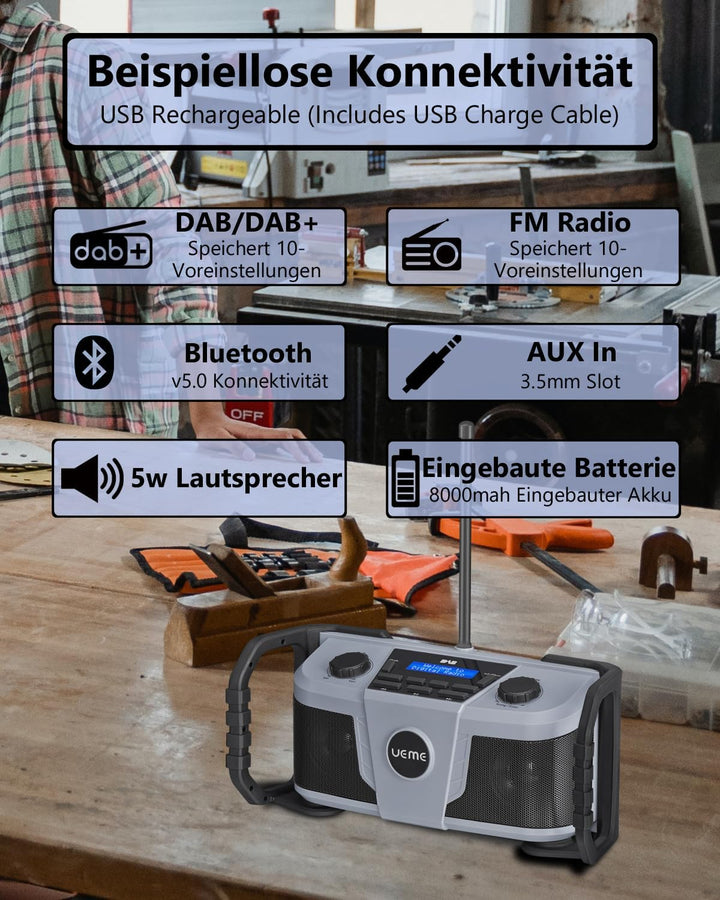 UEME Baustellenradio DAB Plus Radio Mit Akku, Outdoor Radio Mit Bluetooth, DAB+, FM Und Aux, Inklusi