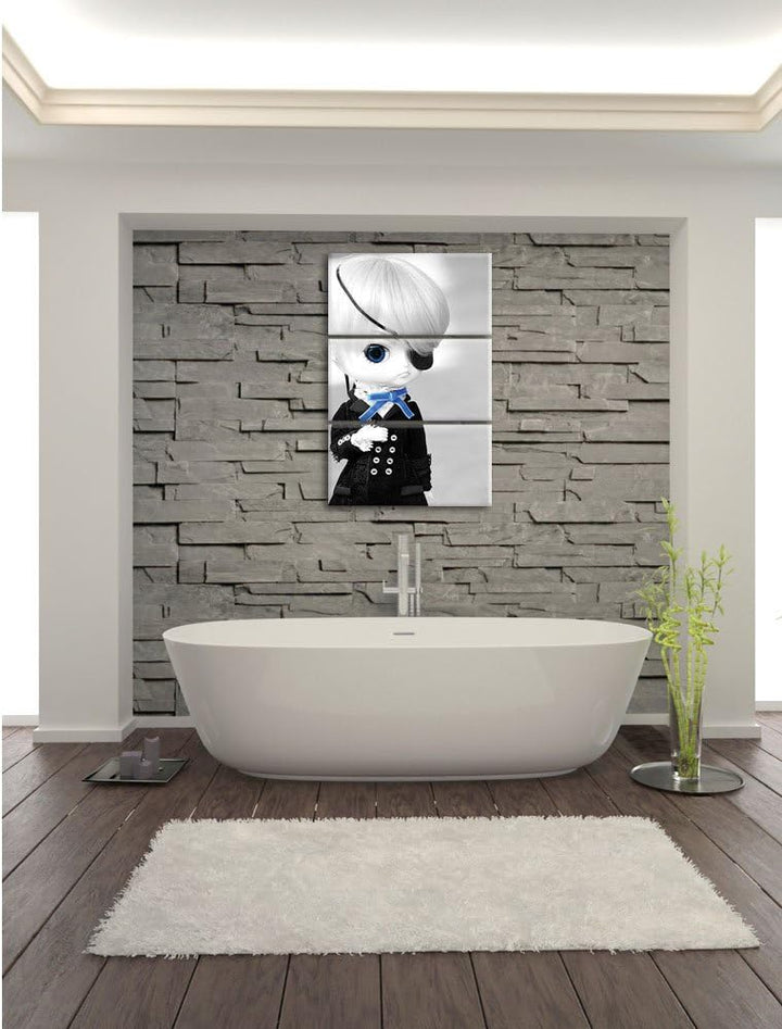 Pixxprint hübsche verwegene Pullip-Puppe mit Augenklappe schwarz/weiss 3-Teiler Leinwandbild 120x80