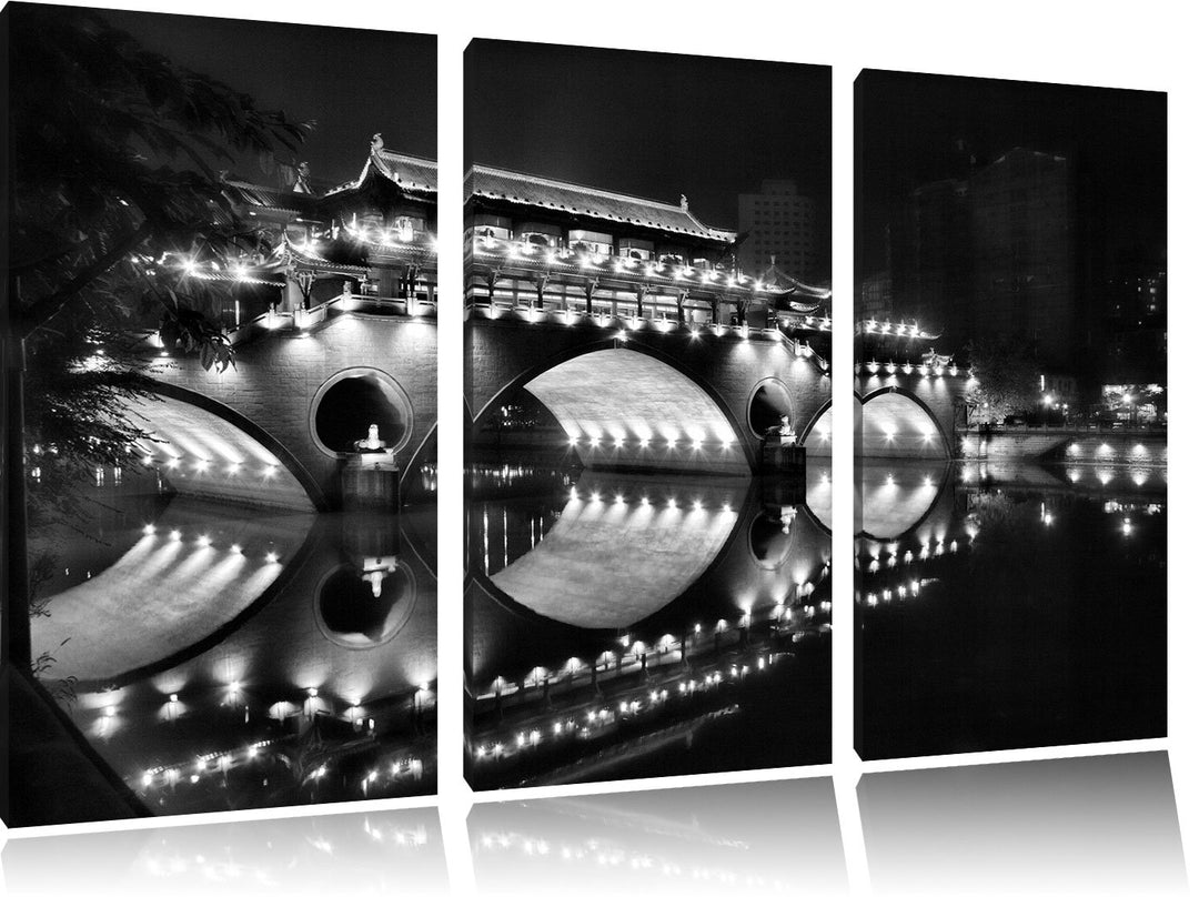 Pixxprint hellerleuchtete chinesische Brücke als Leinwandbild/Grösse: 3 Teilig (120x80) cm/Wandbild/