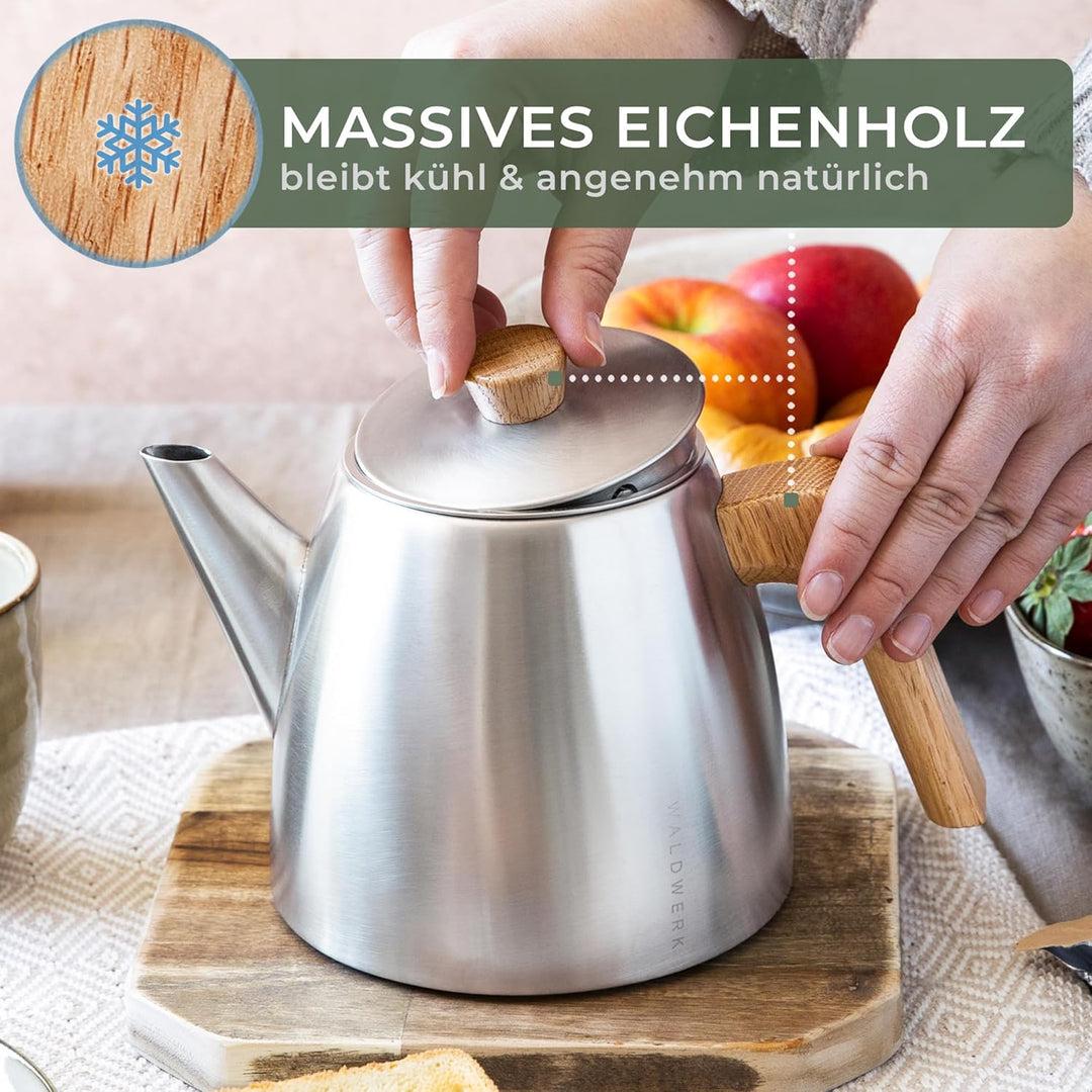 WALDWERK Teekanne mit Siebeinsatz - Doppelwandige Teekanne 304 Edelstahl - Teebereiter mit Eichenhol