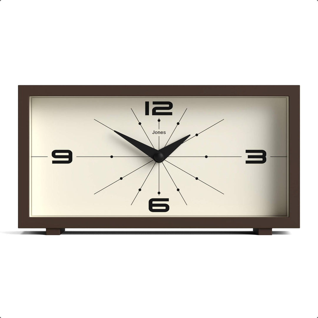 JONES CLOCKS® Schreibtischuhr 'Odeon' – modernes rechteckiges Design in Braun, stilvoller Retro-Look