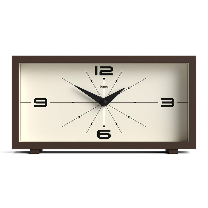 JONES CLOCKS® Schreibtischuhr 'Odeon' – modernes rechteckiges Design in Braun, stilvoller Retro-Look