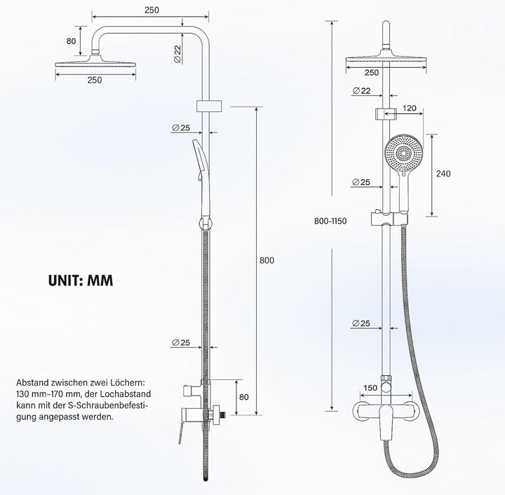 HUAHOMDY Duschsystem mit Armatur with 25 cm Rund Regendusche und 3 Strahlarten Duschkopf Komplettset