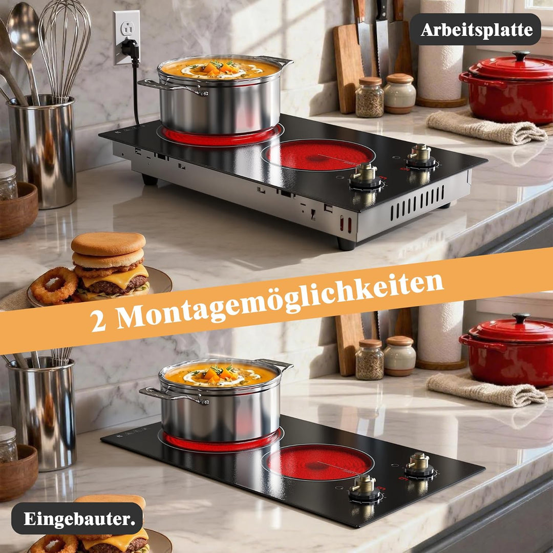 Glaskeramikkochfeld 2 Platten mit Stecker, Karinear Kochfeld Doppel Drehknopf, Autarkes 30cm Einbau