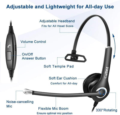 Headset Handy mit 3,5mm Klinke Mikrofon Noise Cancelling, PC Kopfhörer für iPhone Samsung Laptop Sky