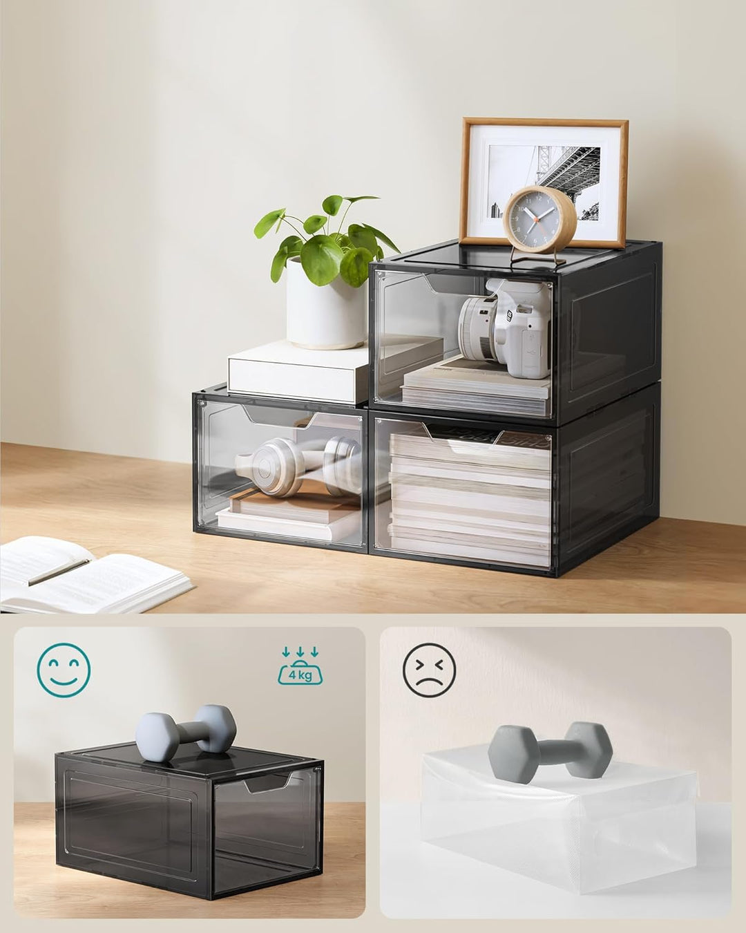 SONGMICS Schuhboxen, Schuh-Organizer aus Kunststoff, mit Tür, durchsichtig, Kunststoffboxen, 12er Se