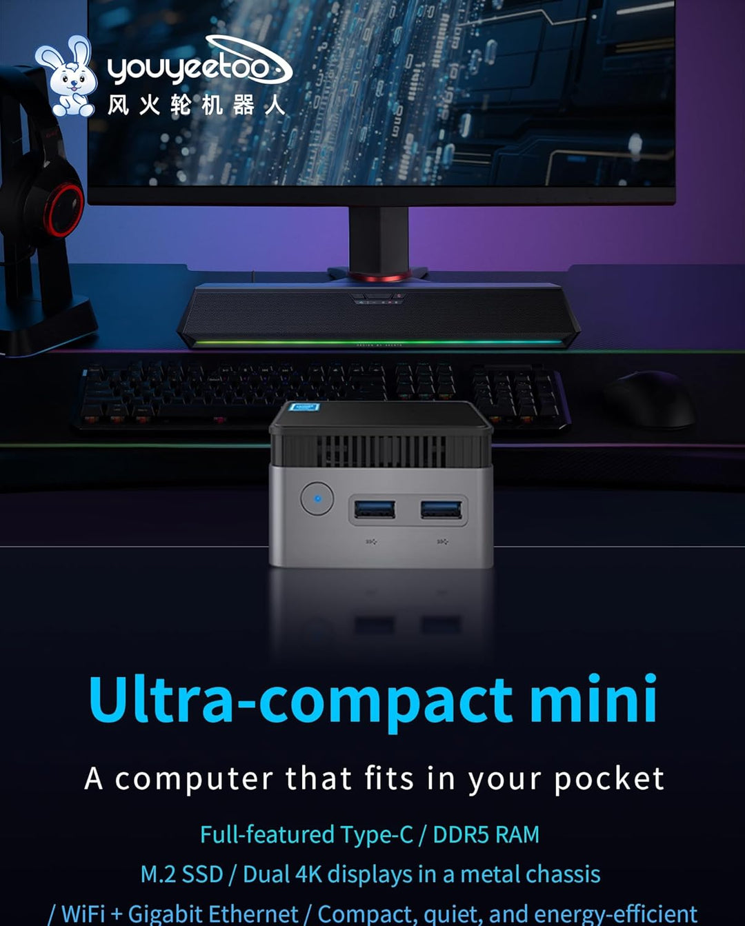 WayPonDEV BY53 Twin Lake N150 Mini Computer, Windows 11 Mini PC, LPDDR5 RAM mit Unterstützung für Zw