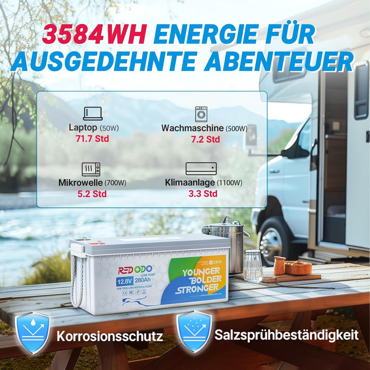 Redodo 12V 280Ah Low-Temp Schutz LiFePO4 Batterie, Eingebautes 200A BMS, Max. 3584Wh Energie, Perfek