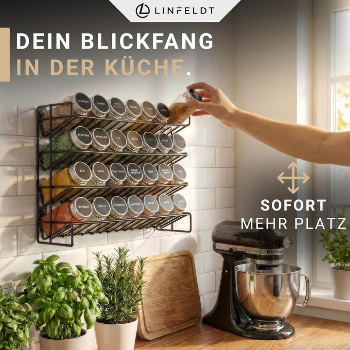 LINFELDT® Gewürzregal 28 Gläser - 144 Sticker + Stift + Schrauben zum Hängen - Gewürzregal Stehend -