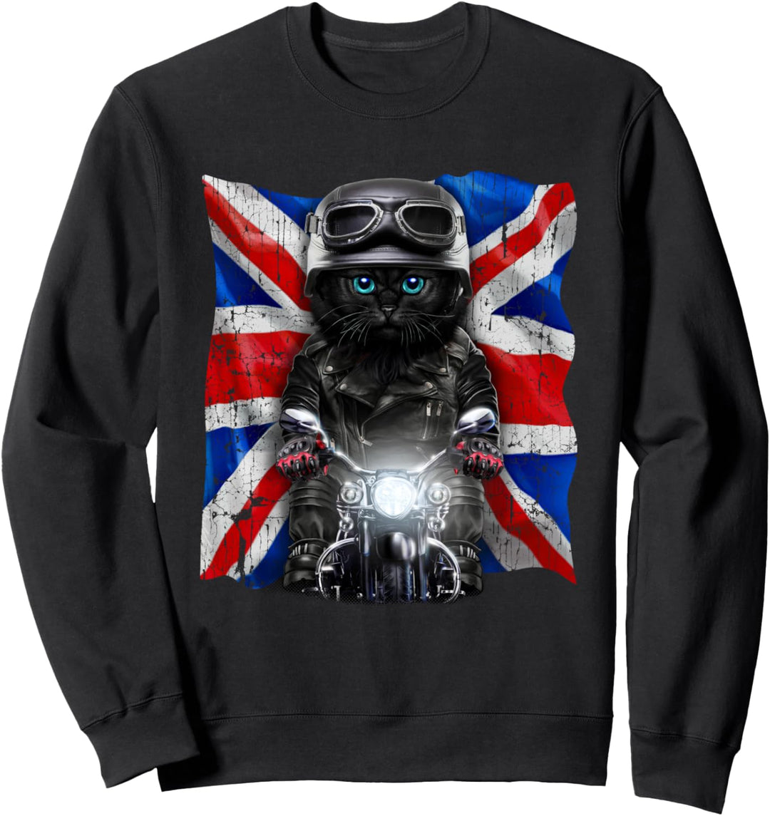 Patriot Katze auf einem Motorrad mit Union Jack Sweatshirt