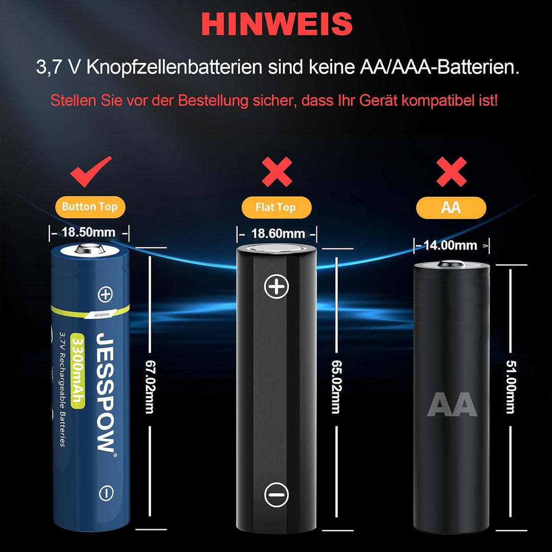 3,7 Volt Akku mit Ladegerät, 3300mAh Batterie[Button-Top, Nicht AA-Akku] | für LED-Stirnlampen, Tasc