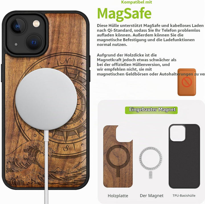 Carveit Holz Handyhülle für iPhone 15 Handyhulle kompatibel mit MagSafe Massivholz für Apple 15 Hand
