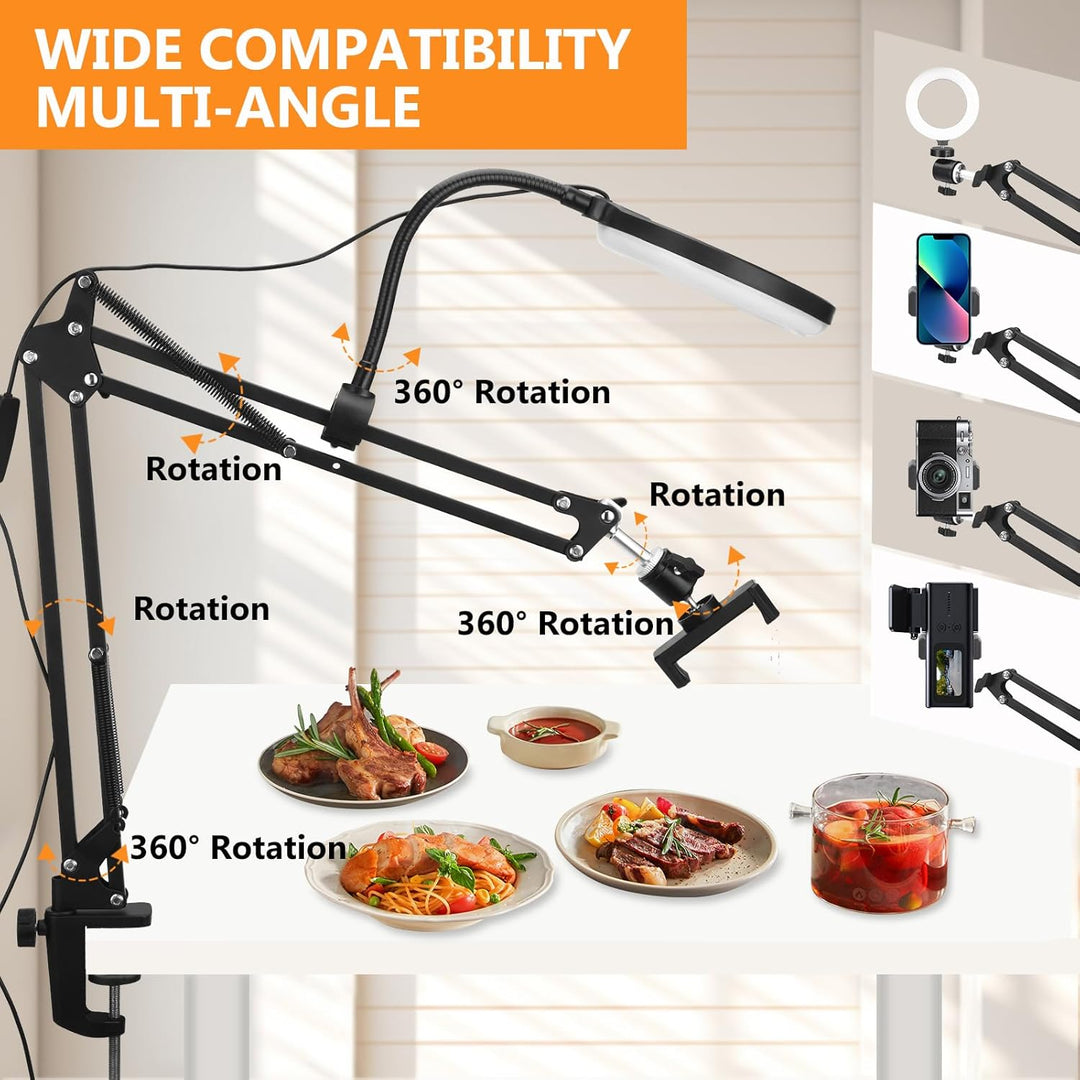 Overhead Stativ Handy mit 6-Zoll-Ringlicht, Metallarm und Tischklemme | 60 LEDs, 3 Lichtfarben, 10 H