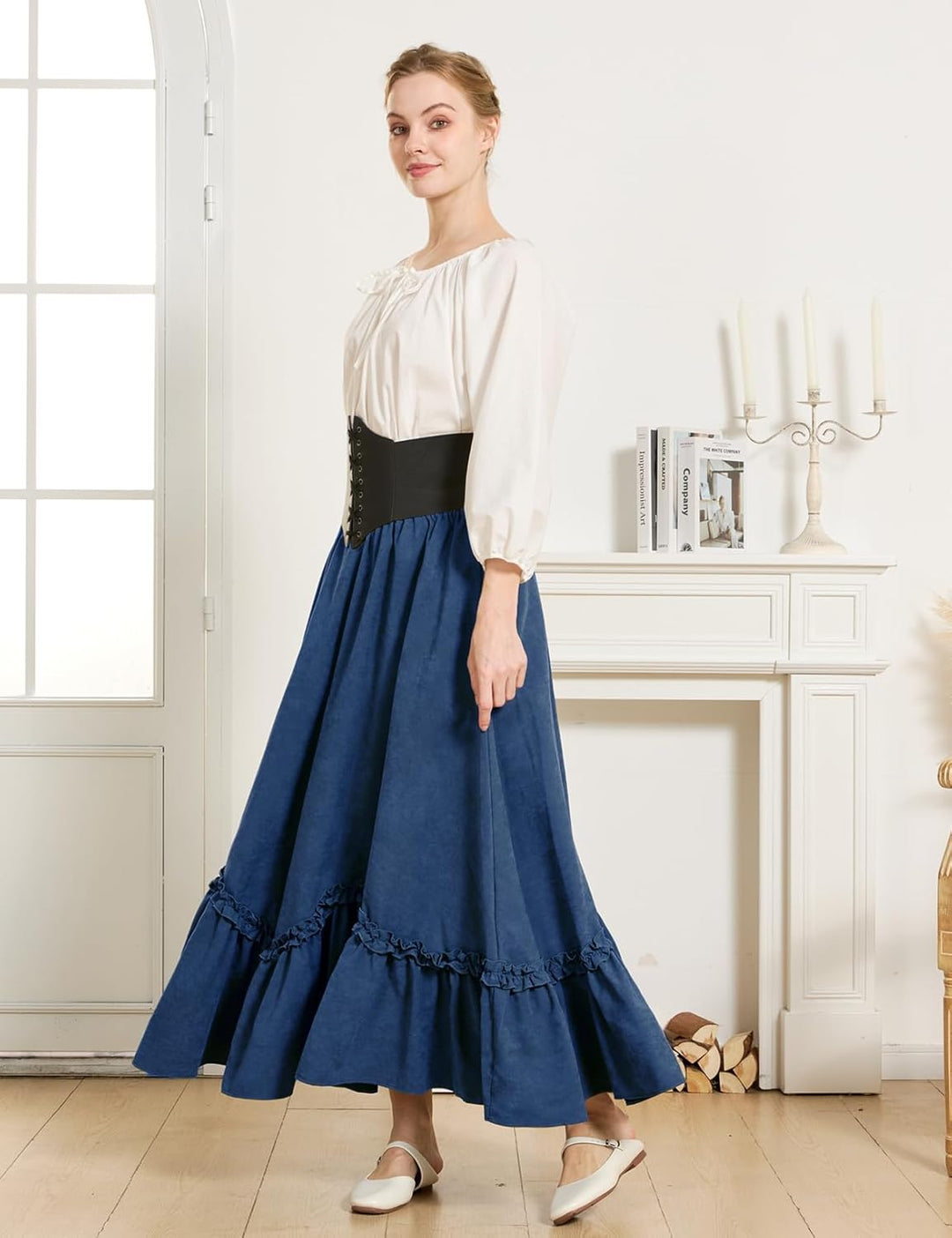 BEAUTELICATE Mittelalter Rock Damen Lang Vintage Maxirock A-Linie mit Taschen Viktorianische Rüsche