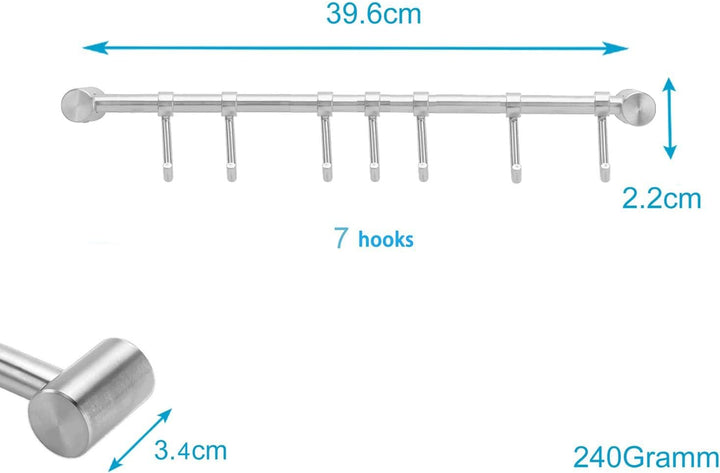 Hängeleiste für die Küche aus Edelstahl mit 7 beweglichen Haken zum Bohren - 39.6 x 3.4 x 2.2 cm - K