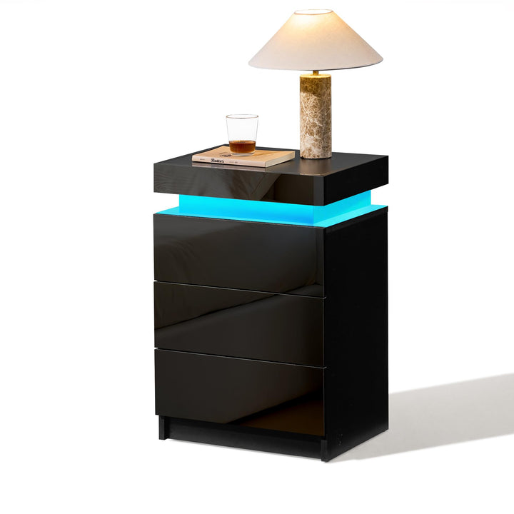 CLIPOP Nachttisch Hochglanzfront Kommode mit mit LED-Lichtern, sprachgesteuerter Lichtstreifen, 3 Sc