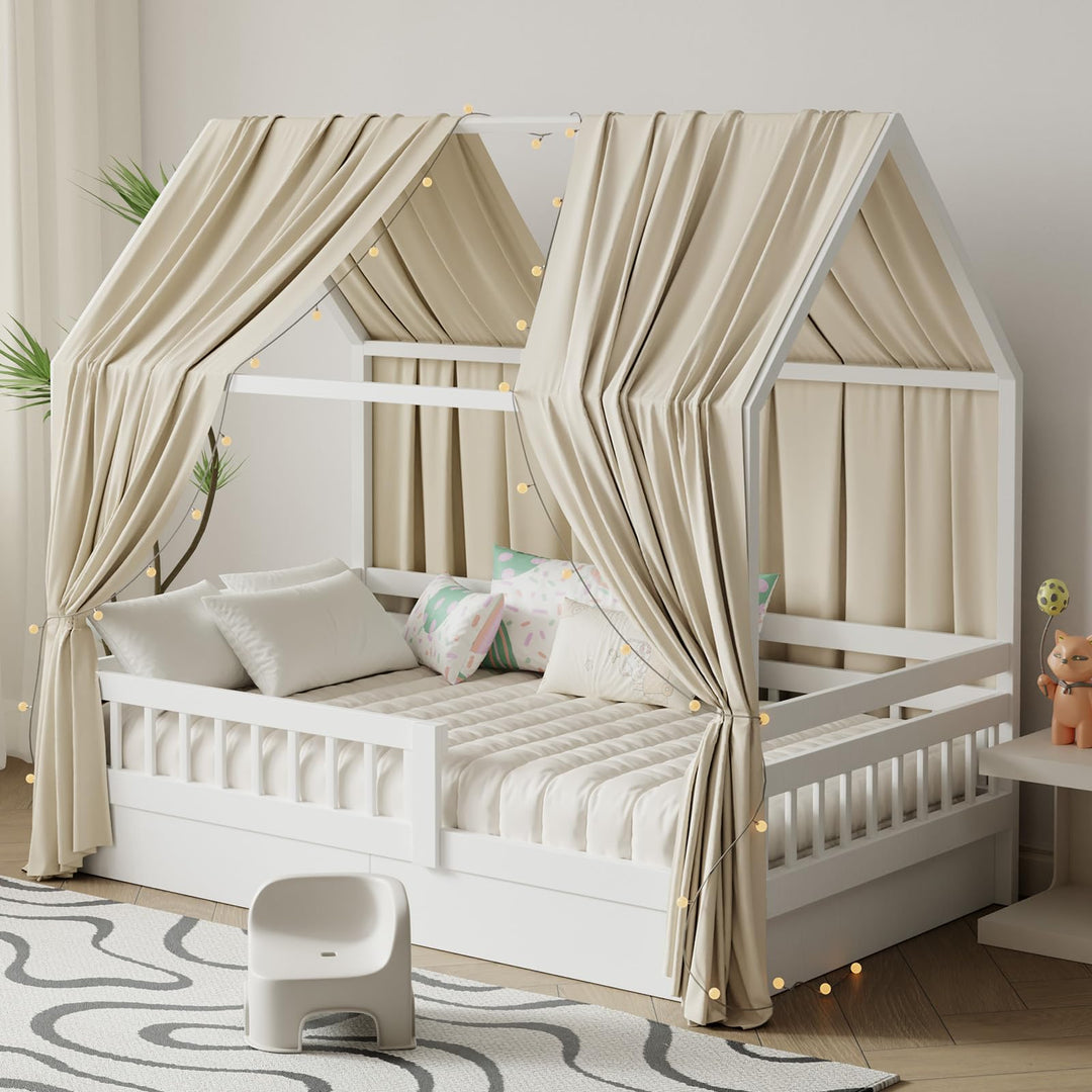 Hausbett Himmel mit Lichterkette 2 Stück Deko Baldachin Hausbett Vorhang,Betthimmel Musselin Stoffhi