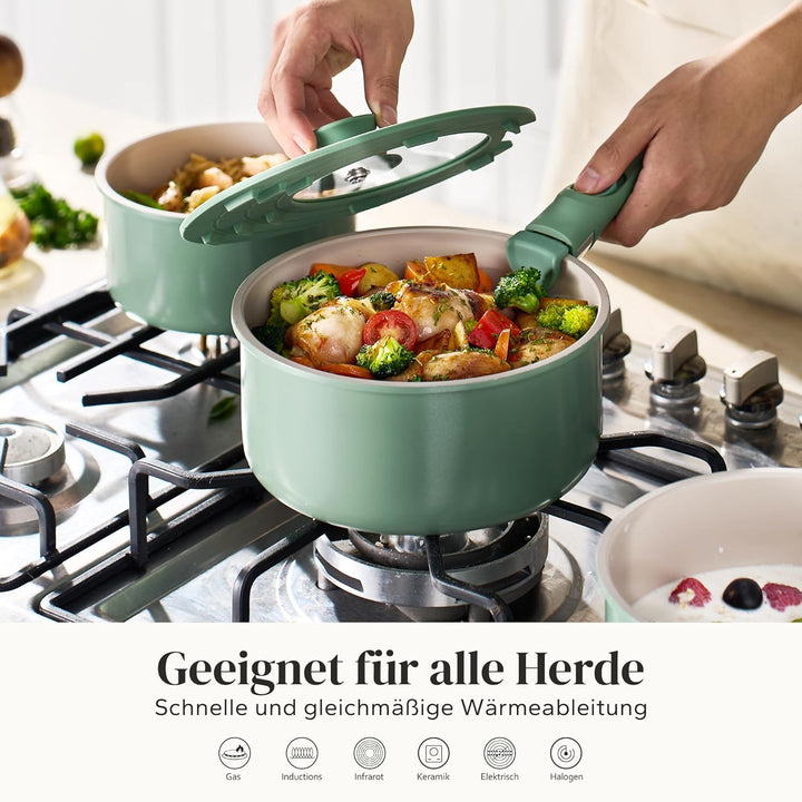 Redchef Töpfe Set mit Abnehmbaren Griffen, Antihaft Keramik Topfset 16/18/20cm und 3-IN-1 Verschluss