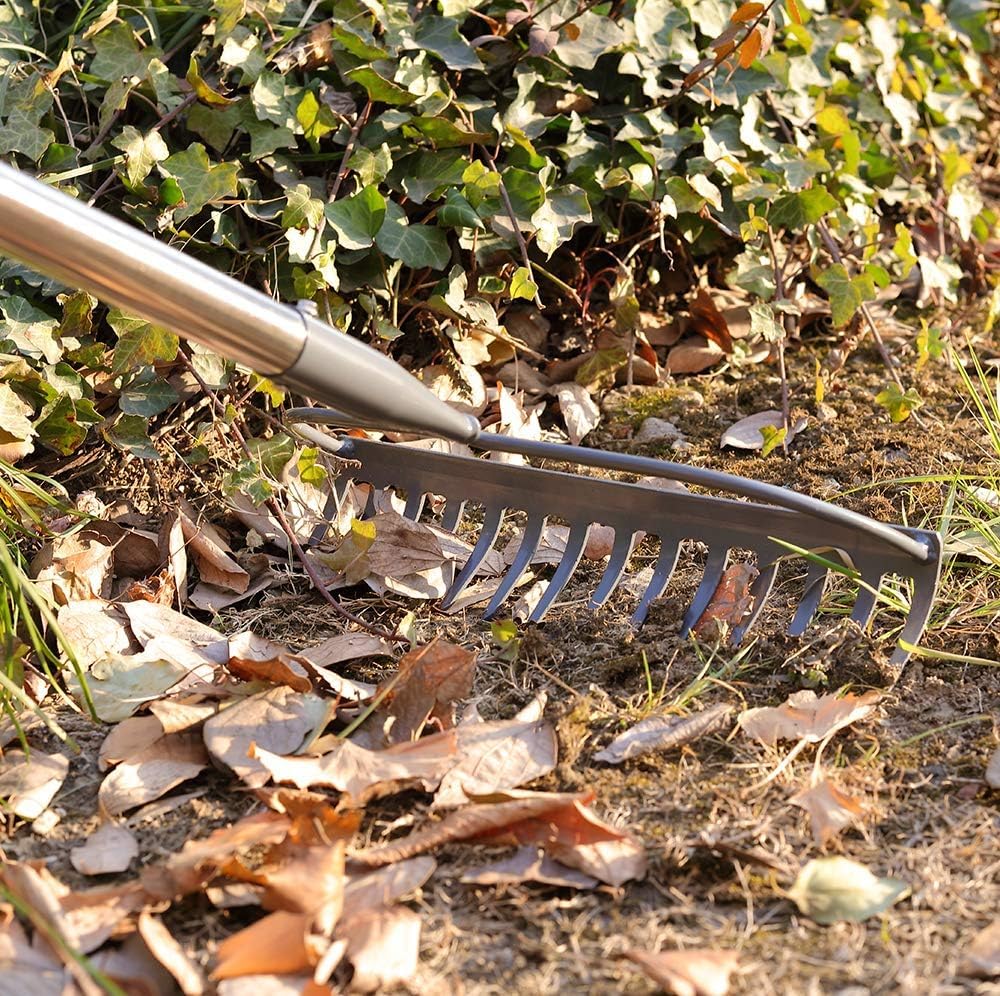 Laubrechen mit 14 Zähnen, Gartenharke aus Metall, Breite Harke mit 152 cm langem Metallstiel, Garten