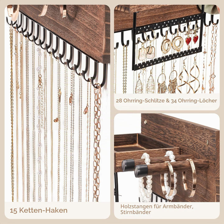 Lolalet Hängeschmuck Organizer, Hölzerne Schmuckaufbewahrungsregal mit 15 Haken, Wandmontierte Halsk