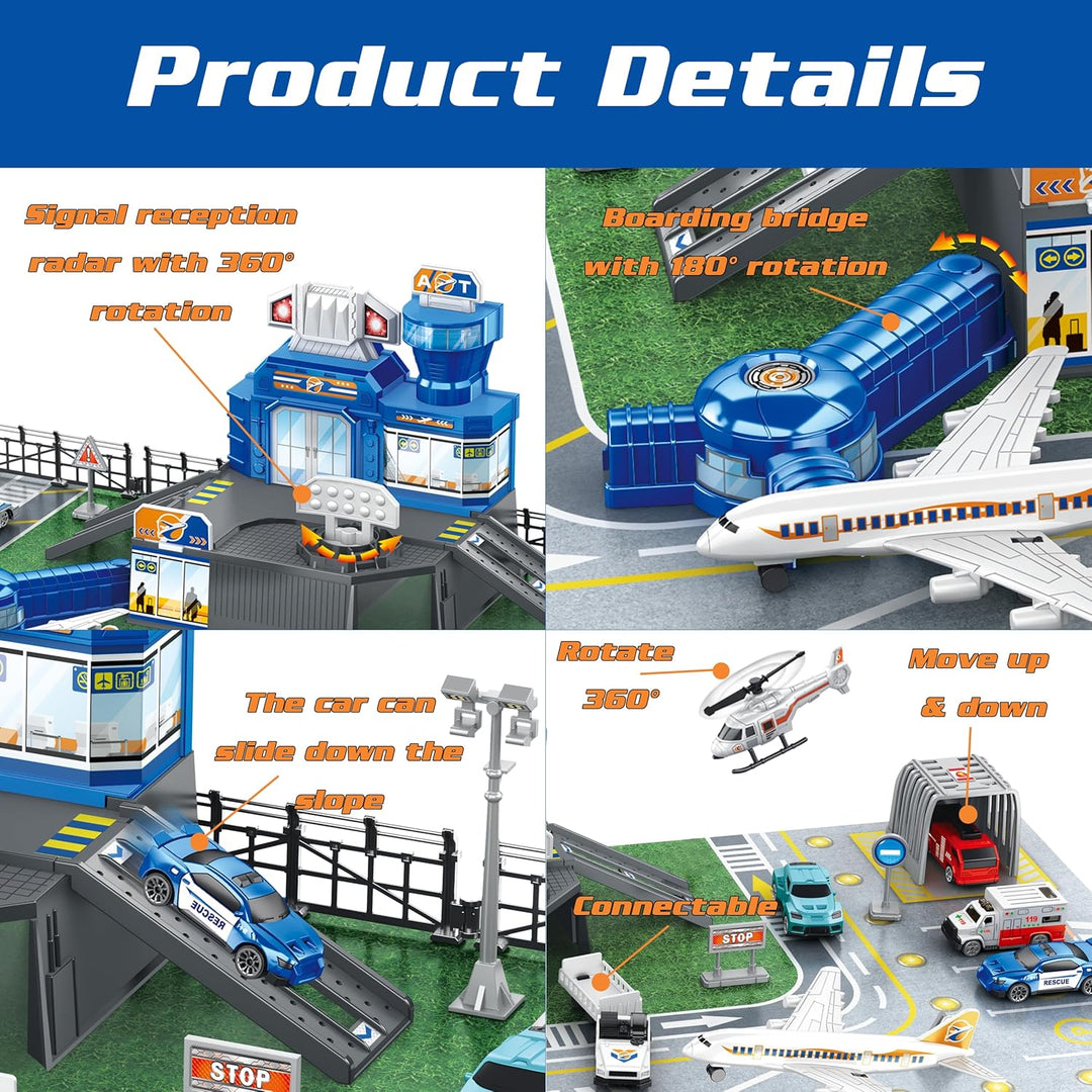 Flugzeug Spielzeug Set mit Lastwagen, Hubschrauber, Flugzeuge, Schilder und Flughafen-Spielmatte, in