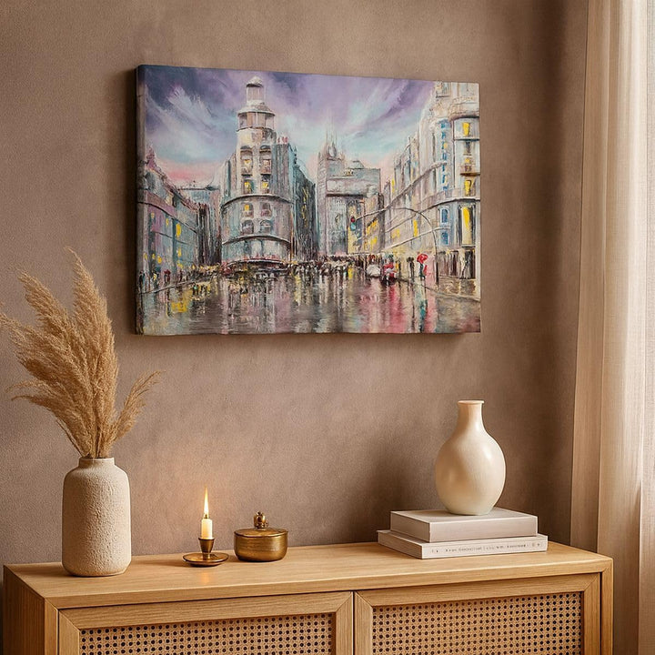 Bilder auf Leinwand 100x70cm Leinwandbild mit Rahmen Stadt Strasse Haus Gross Wanddeko Bild Schlafzi