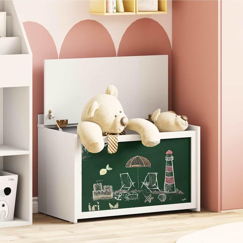 ROROS weisse Spielzeugtruhe mit Tafel, Stauraum und Holzwerkstoff, ideal für Kinderzimmer und Spielz
