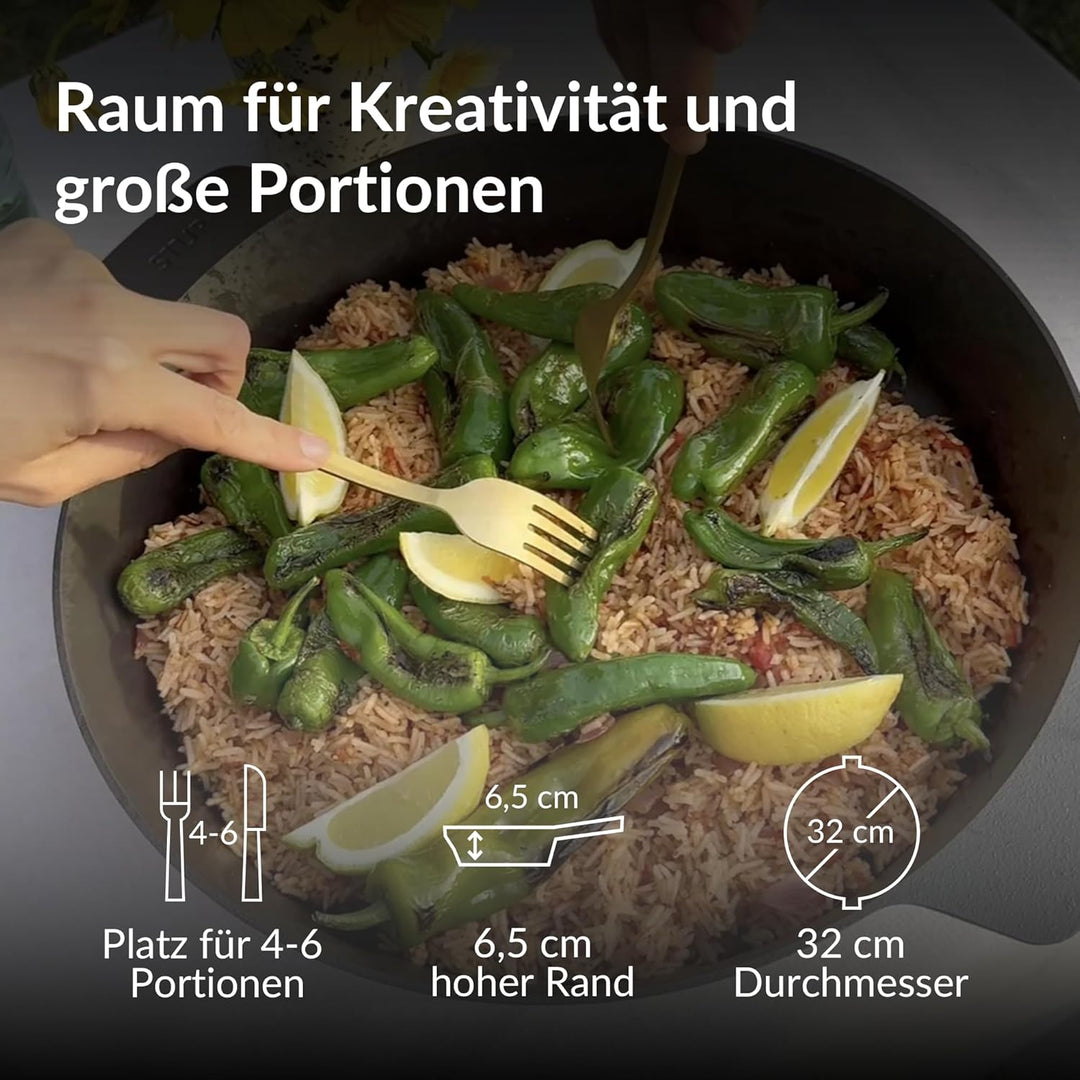 STUR - ORIGINAL Gusseisenpfanne Induktion 32cm mit 2 Griffen - Cast Iron Pan für alle Herdarten - Gr