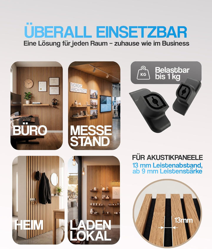 Akustikpaneele Zubehör [20er Set] – Ohne Bohren, verschiebbar, keine Rückstände – 13mm Spalt – Haken