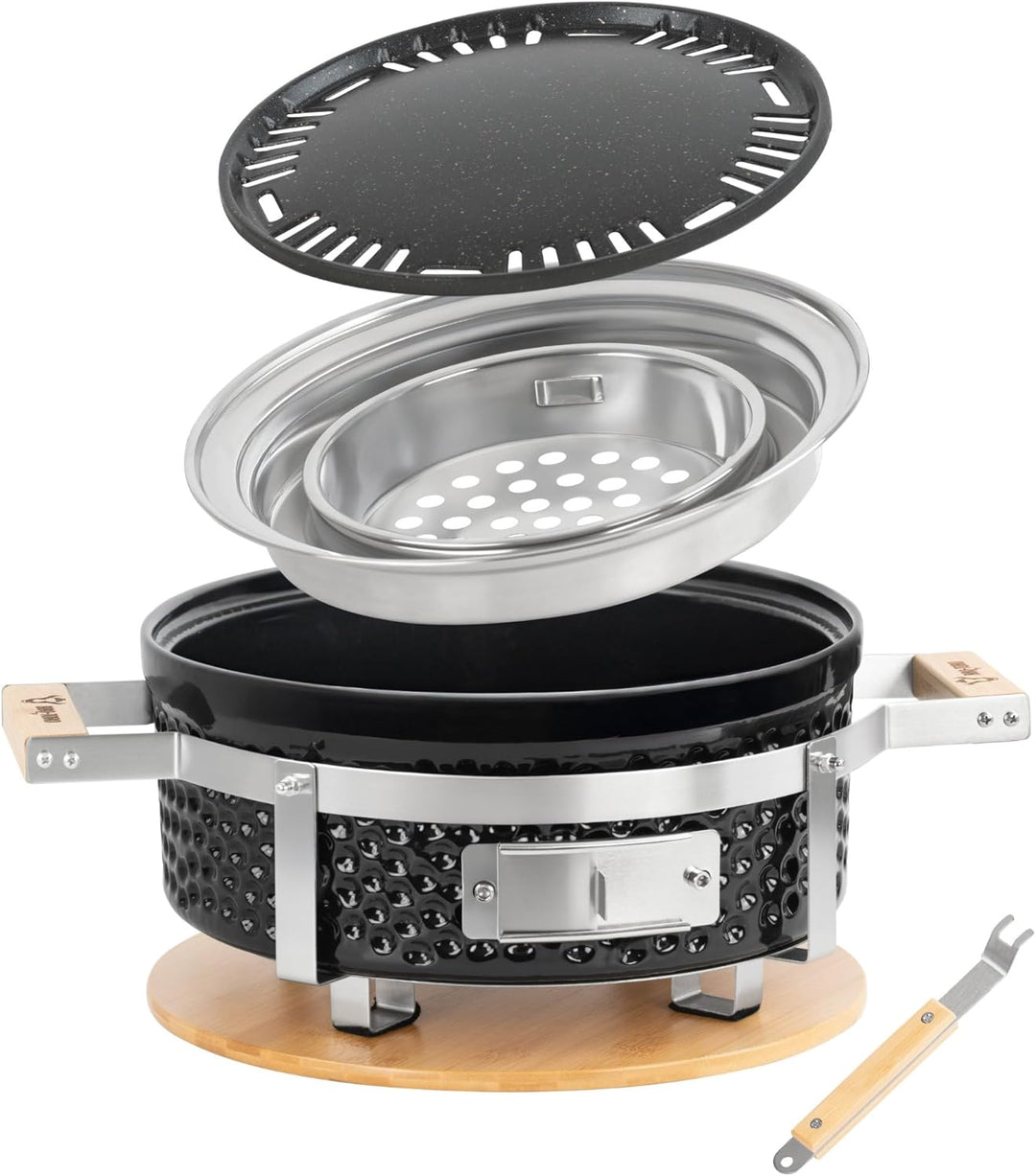 BBQ-Toro Keramik Holzkohletischgrill mit Holzunterlage | Ø 29,5 cm | Outdoor Hibachi Grill für Campi