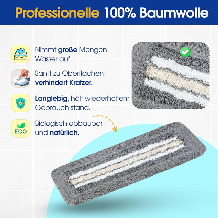 OKAEI Wischmop-Komplettset 50 cm – 5er Set: 5× Bezug Grau-Weiss-Beige + Klapphalter & Alu-Teleskopst