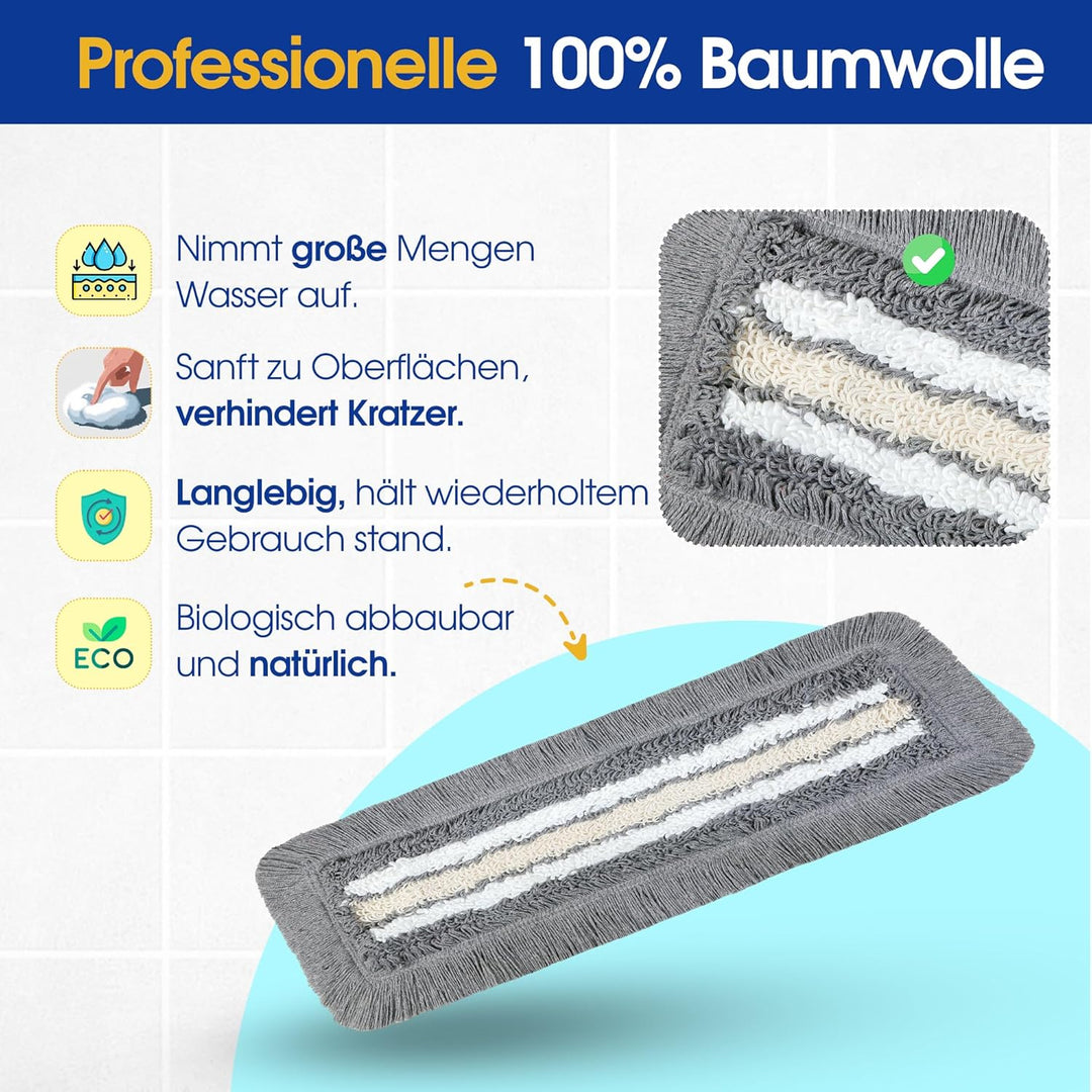 OKAEI Wischmop-Komplettset 40 cm – 5er Set: 5× Bezug Grau-Weiss-Beige + Klapphalter & Alu-Teleskopst
