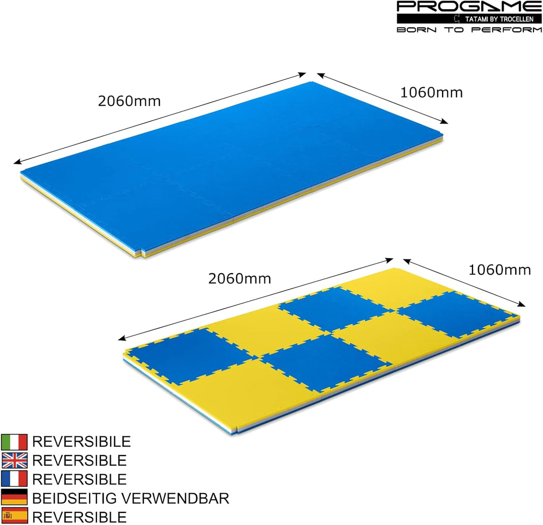 ProGame Kit 8 Stück Tatami Matte 4 cm PERFORMANCE-HOME 50x50 cm Judomatte Gelb/Blau, Gelb/Blau