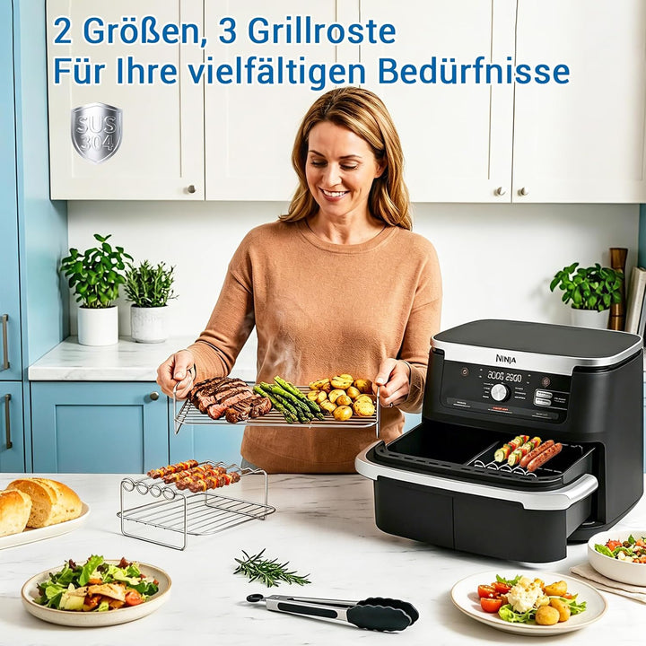 Airfryer Zubehör für Ninja Foodi FlexDrawer Dual Zone AF500EU 10.4L, Grillrost #304 Edelstahl, Backp