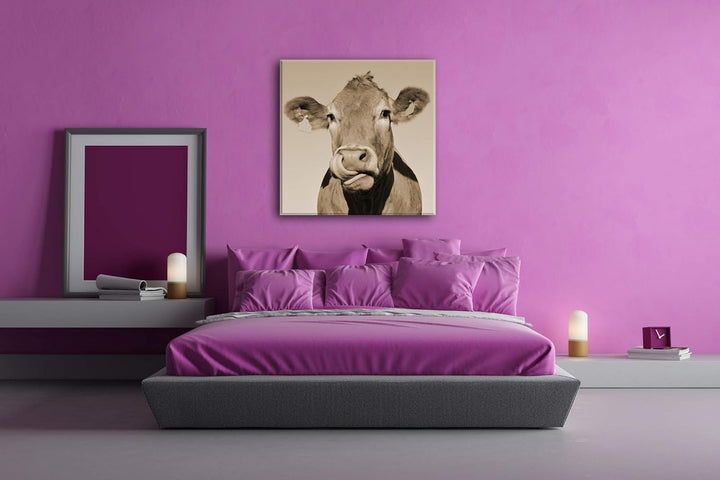 deyoli lustige Kuh Format: 70x70 Effekt: Sepia als Leinwandbild, Motiv fertig gerahmt auf Echtholzra