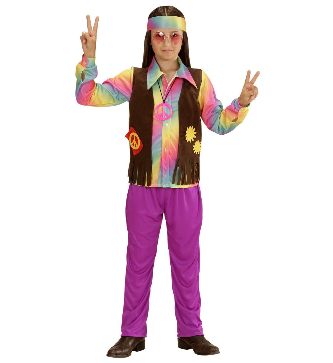 W WIDMANN MILANO Party Fashion - Kinderkostüm Hippie Junge, Shirt, angenähte Weste, Hose und Stirnba