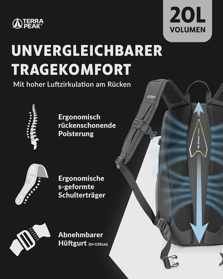 Terra Peak® Premium Wanderrucksack 20L (FLEX 20) klein mit Rückenbelüftung, Regenschutz & Trinksyste