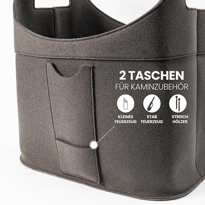 Filz Holzkorb für Kaminholz Gross [70 L] mit Echtholzhenkeln (Eiche) und Lederboden - Made in German