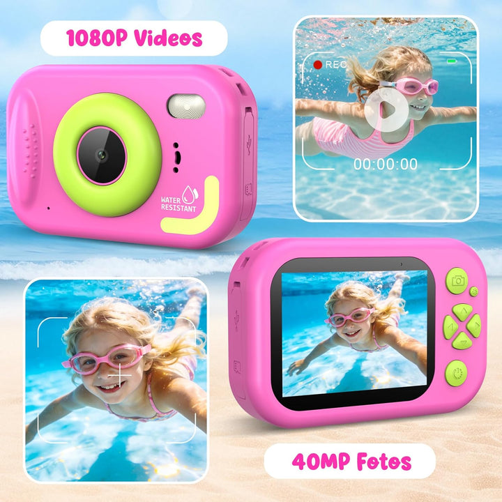 Kinderkamera, 1080P Unterwasserkamera Kinder mit 2,4 Zoll Bildschirm, 32GB-Karte, Notfall-LED-Blitz,