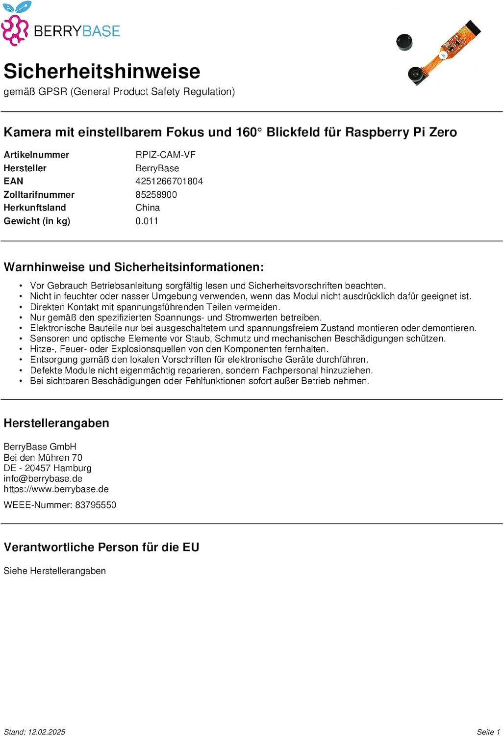 BerryBase Kamera mit einstellbarem Fokus und 160° Blickfeld für Raspberry Pi Zero