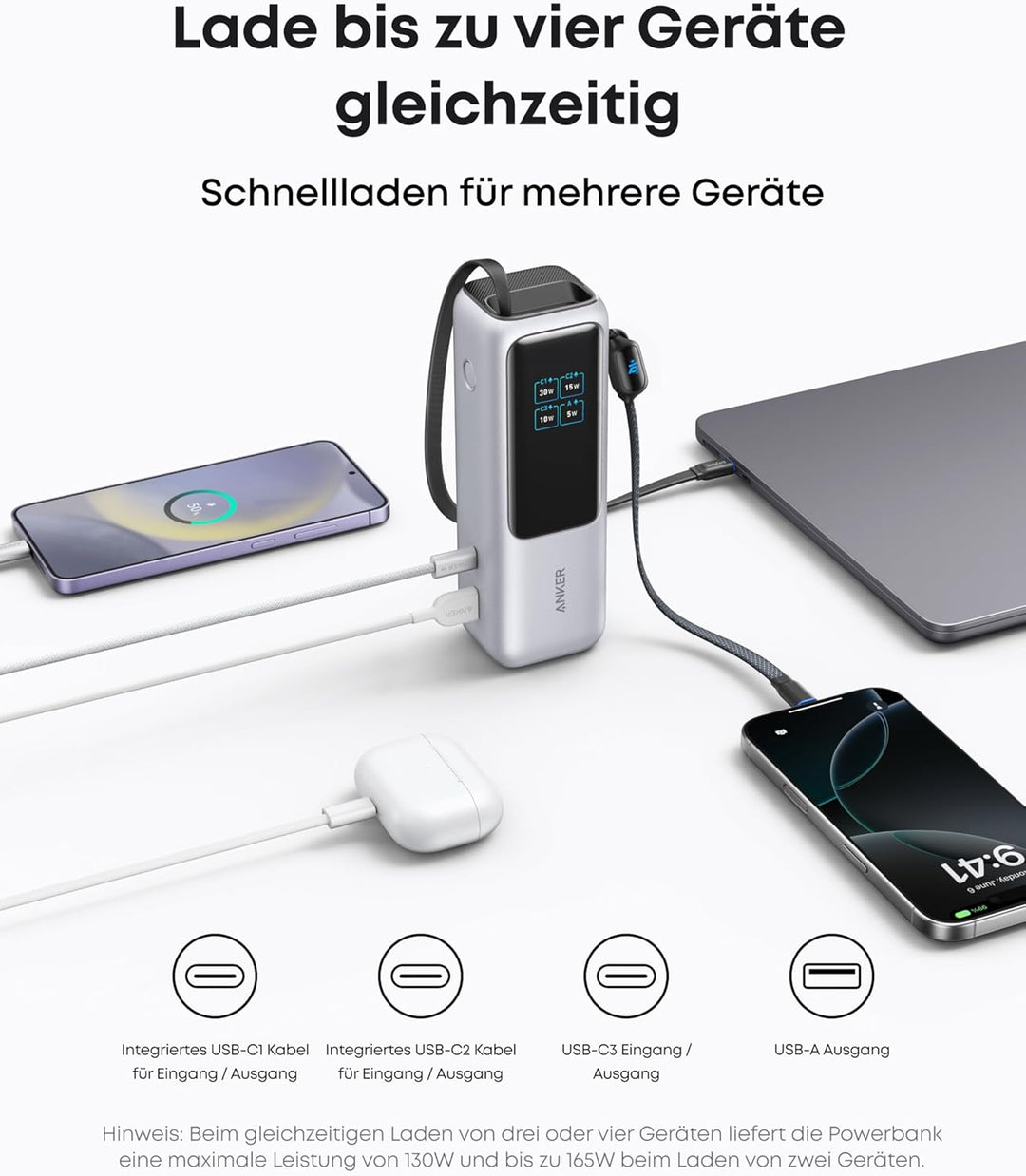 Anker 165W 25000mAh Laptop Powerbank, Ladegerät mit 70cm ausziehbarem Kabel & Trageband, 3USB-C Port