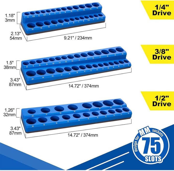 Magnetischer Steckschlüssel-Organizer mit 75 Schlitzen, 3 Stück Metrischer Steckschlüsselhalter-Set