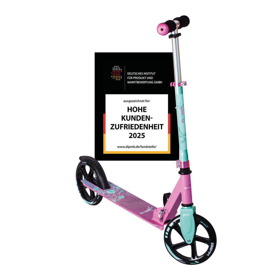muuwmi Aluminium Scooter – Tretroller, 200 mm, ABEC 5, GS-geprüft, höhenverstellbar, XL-Deck, pink-t