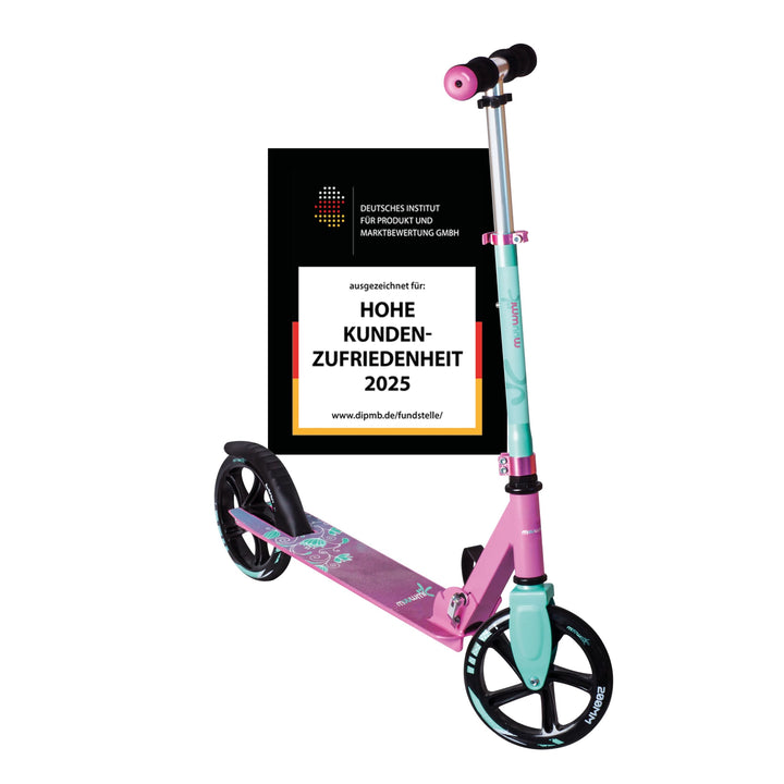 muuwmi Aluminium Scooter – Tretroller, 200 mm, ABEC 5, GS-geprüft, höhenverstellbar, XL-Deck, pink-t