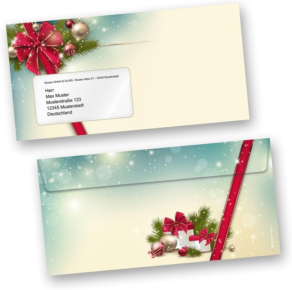 Briefpapier Weihnachten Set ROTE SCHLEIFE (100 Sets mit Fenster) Weihnachtsbriefpapier mit Umschlag,